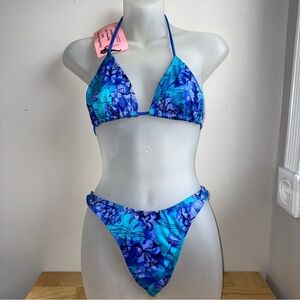 90s Y2K dead stock Chica Rica blue floral bikini set top Sz S bottoms Sz L NWT